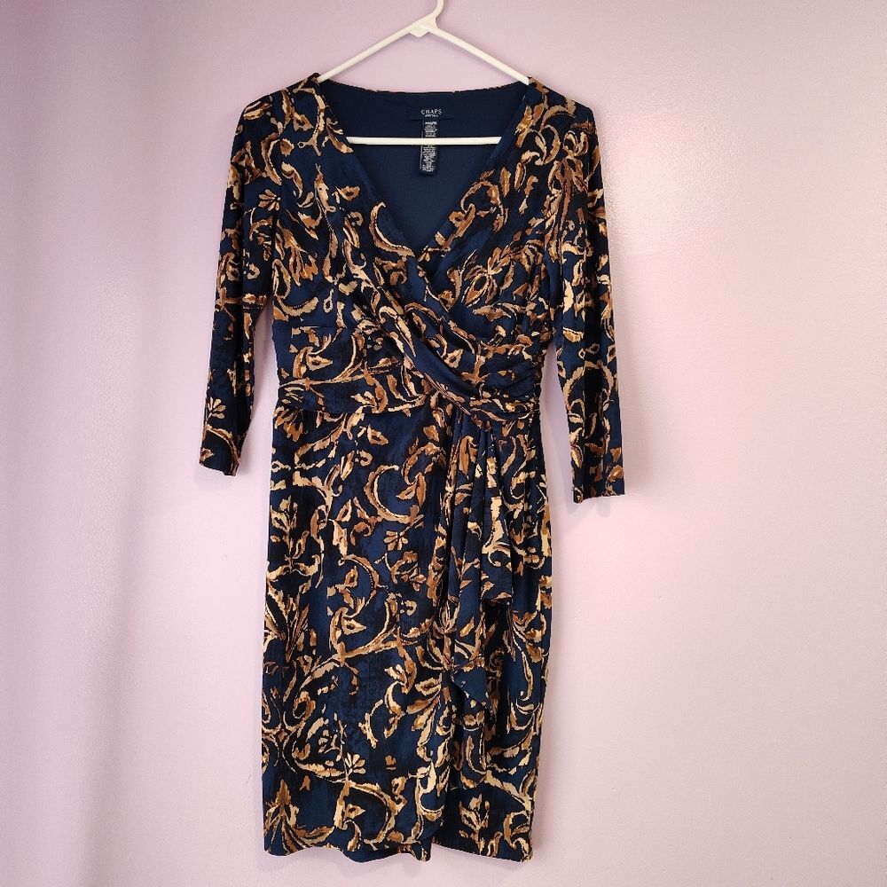 Chaps Sheath Dress Womens PM Navy Blue Gold/Brown Print Ruched Faux Wrap